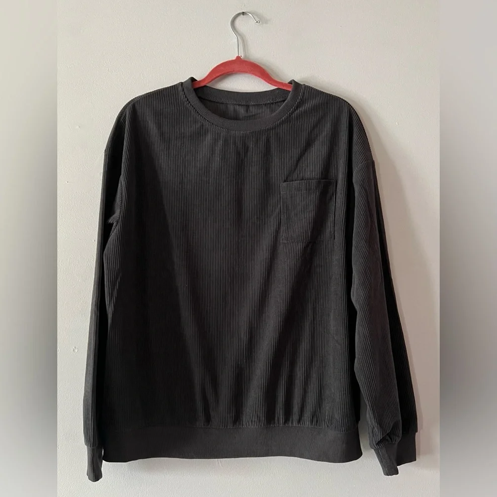 NWOT Charcoal Faux Corduroy Crewneck Pullover Sweater & Joggers Matching Set - Picture 2 of 7